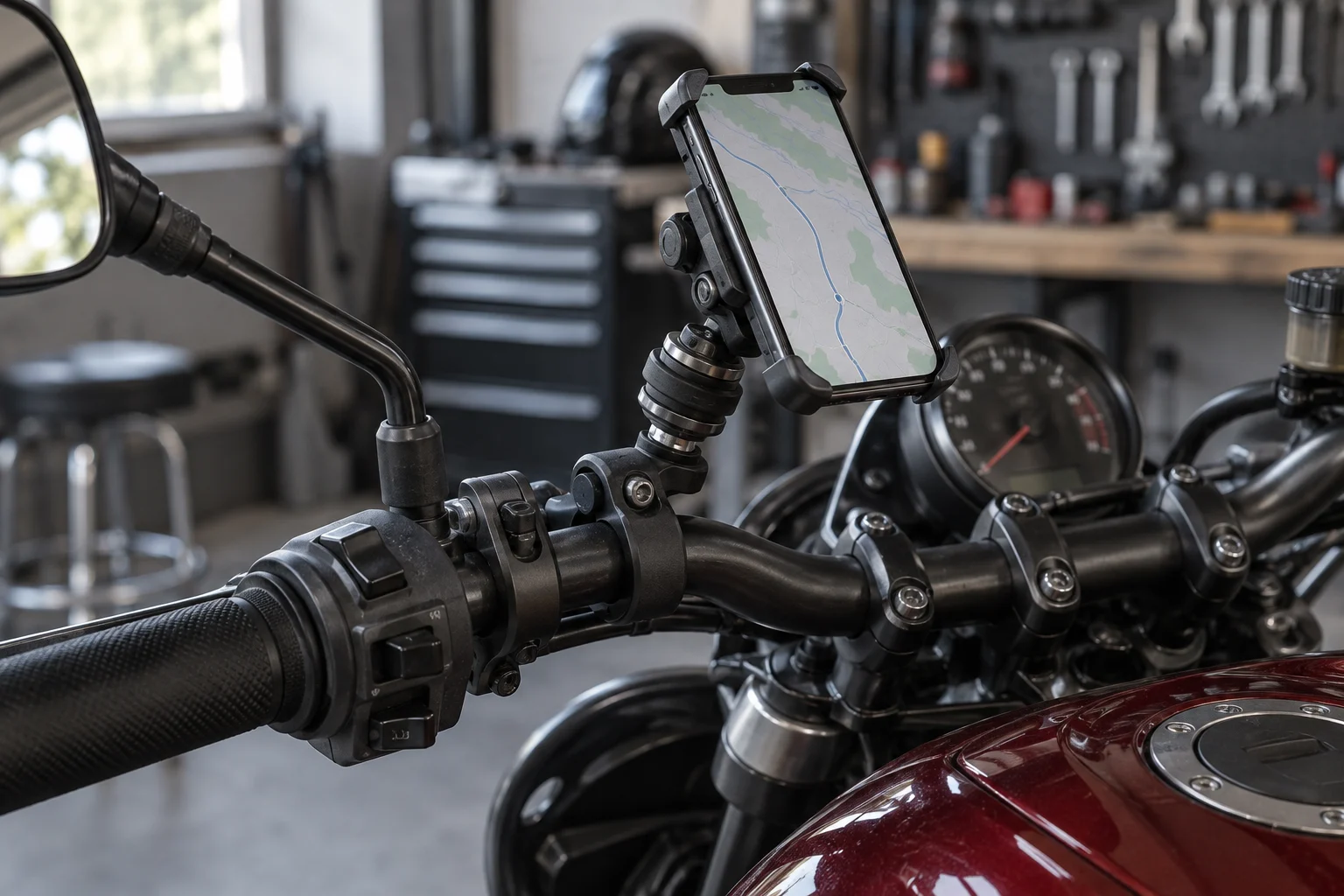 Téléphone fixé au guidon d’une moto avec un module amortisseur intercalé sous le support