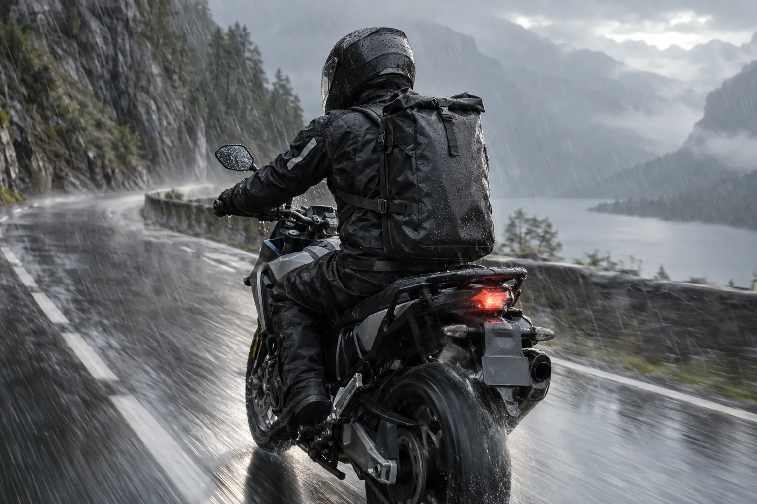 Motard portant un sac à dos étanche bien ajusté sous une pluie battante
