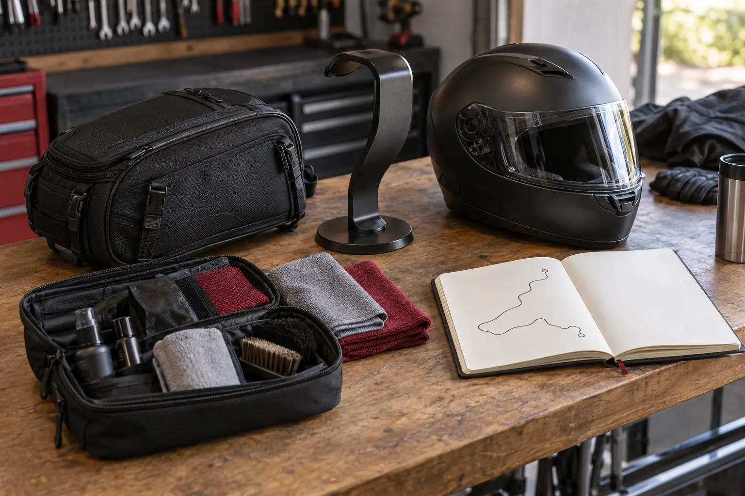 Sacoche moto, support de casque, trousse d'entretien et carnet de balade disposés sur un établi.