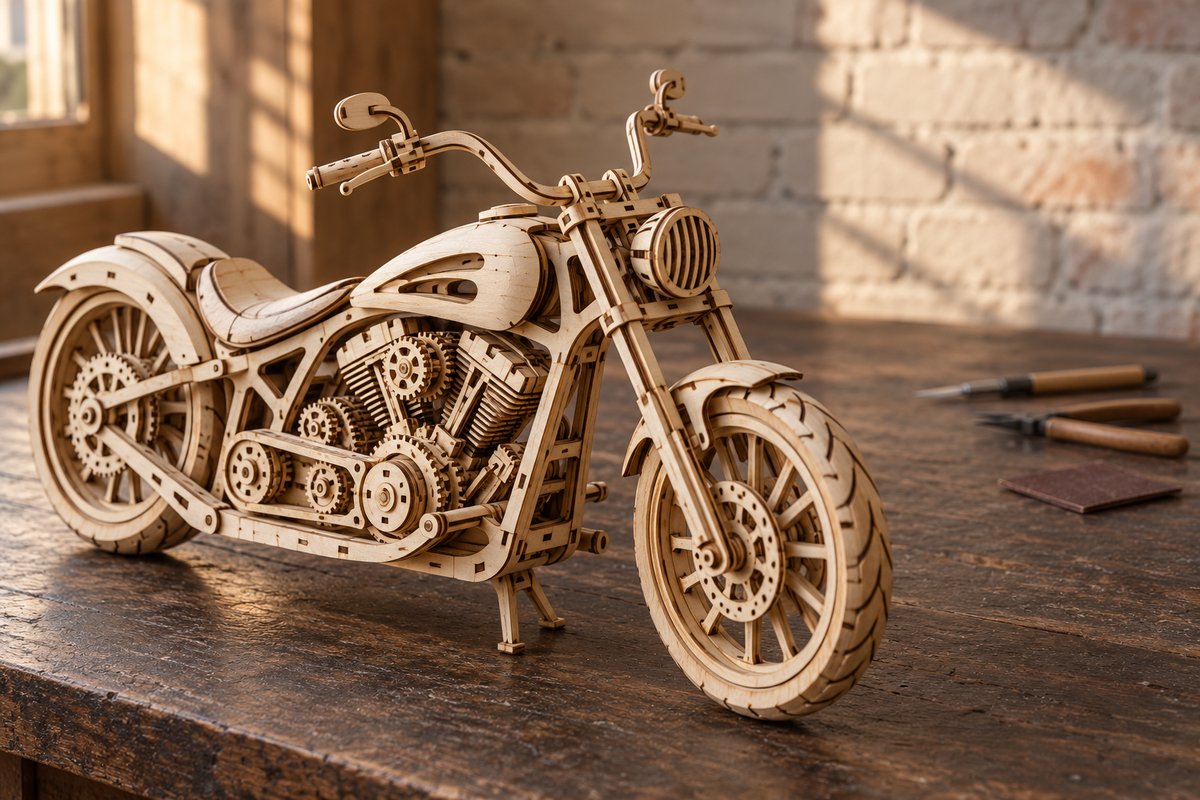 Maquette de moto cruiser en bois montée avec moteur à engrenages sur un établi