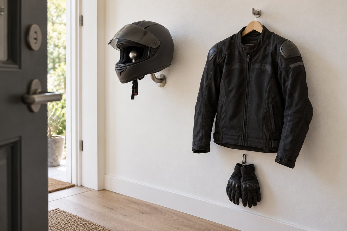 Casque moto intégral sur un support mural à boule dans une entrée d'appartement