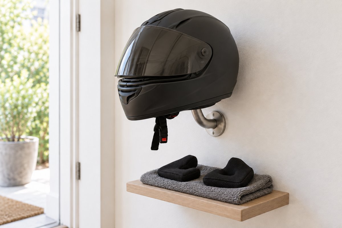 Casque moto en séchage sur support, écran entrouvert, coussinets de joues posés à plat