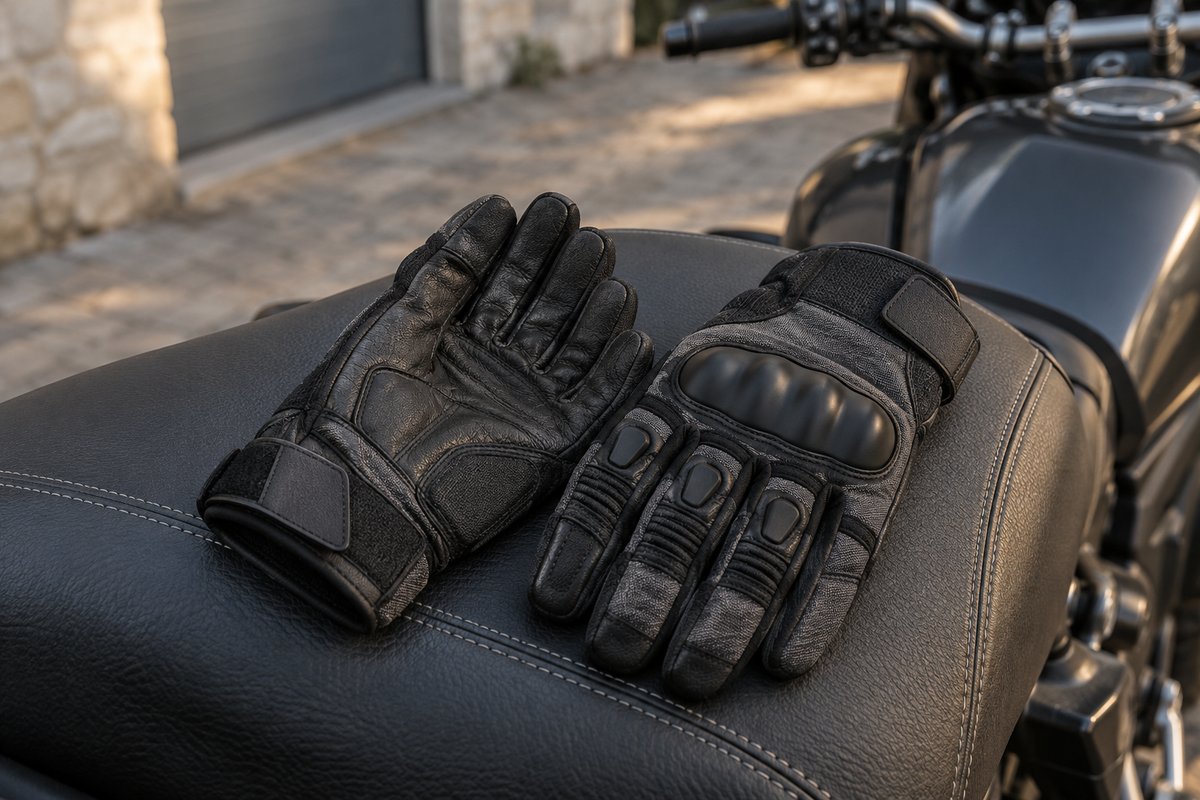 Paire de gants moto à coques de jointures posée sur la selle d'une moto