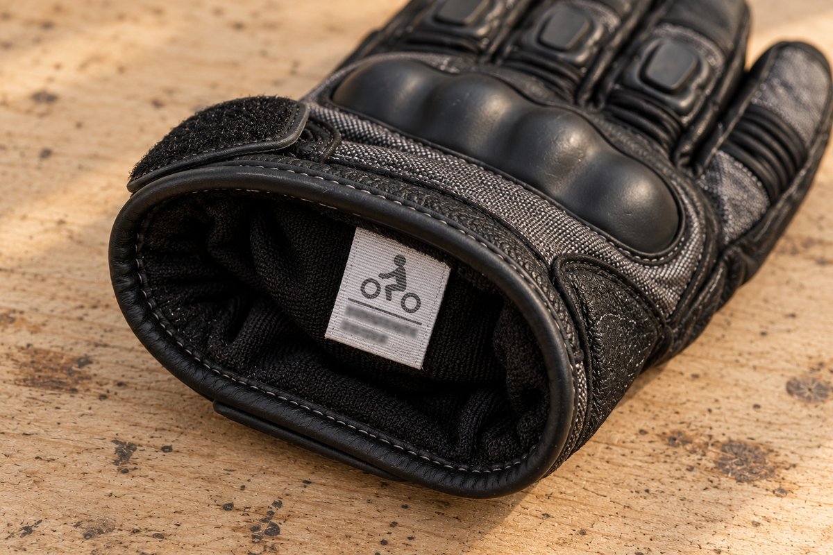 Étiquette textile cousue à l'intérieur de la manchette d'un gant moto
